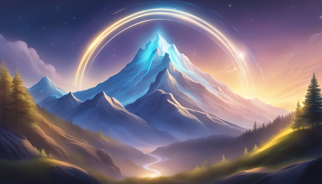 A serene mountain peak with swirling energy and glowing symbols, surrounded by a halo of light
