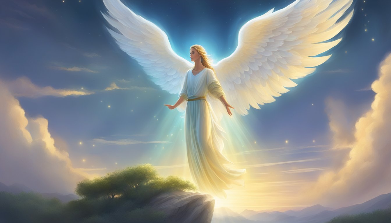 A glowing angelic figure hovers over a serene landscape, radiating a sense of guidance and protection