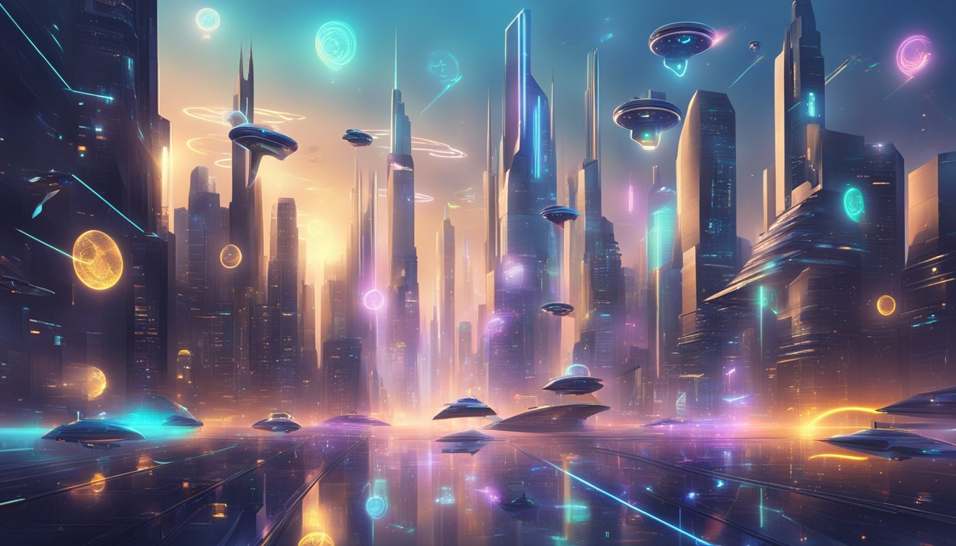 A glowing, futuristic cityscape with floating holographic numbers and symbols, surrounded by flying vehicles and advanced technology