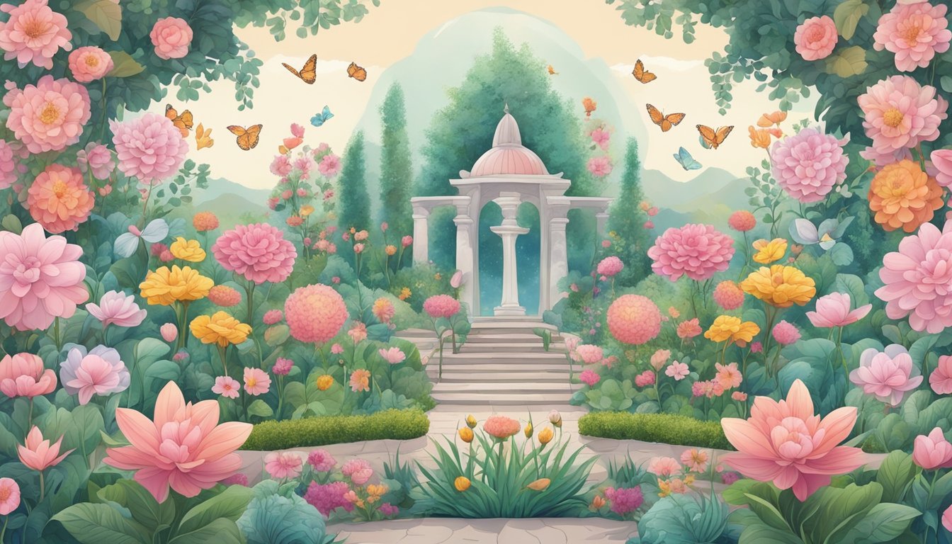 A garden with 55 blooming flowers, surrounded by symbols of spiritual growth