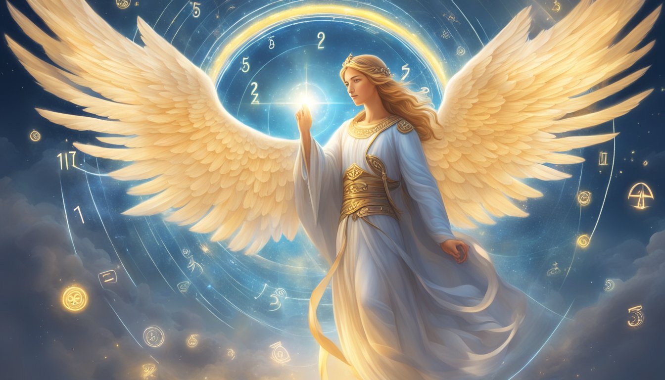 A glowing angelic figure surrounded by numbers and symbols, radiating a sense of wisdom and guidance