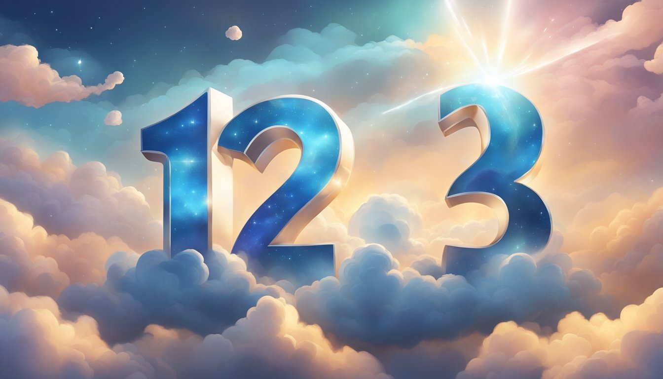 A glowing number "123" hovers in the sky surrounded by celestial clouds and angelic figures