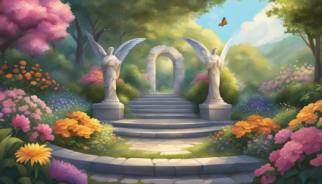 A serene garden with a winding path leading to a glowing 717 angel number displayed on a stone pedestal, surrounded by vibrant flowers and butterflies