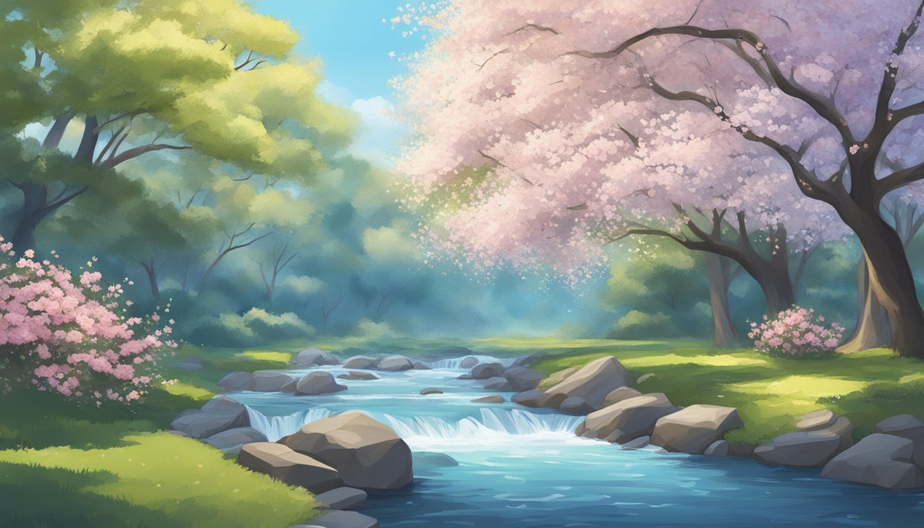 A serene garden with a flowing stream, surrounded by blooming cherry blossoms under a clear blue sky