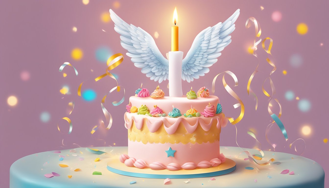 A series of angel numbers floating around a birthday cake, casting a glow on the celebration