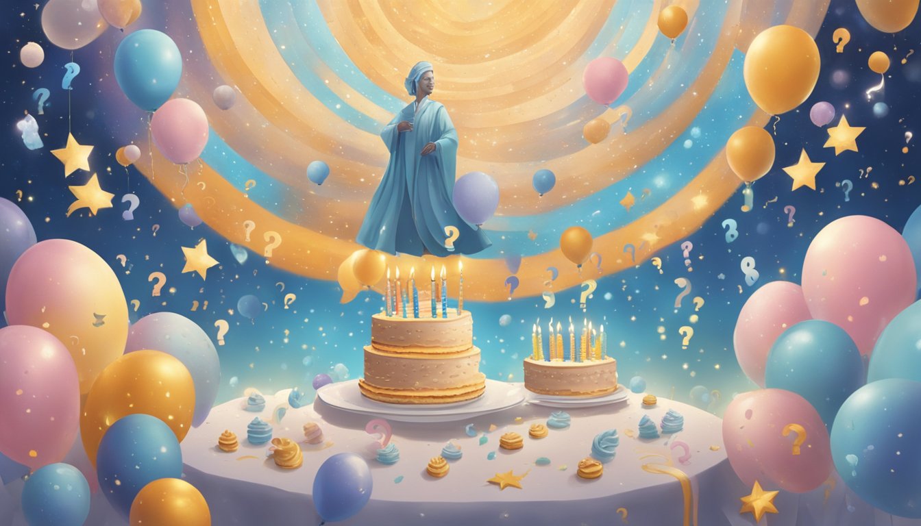 A celestial figure surrounded by floating numbers and question marks, with a birthday cake in the background