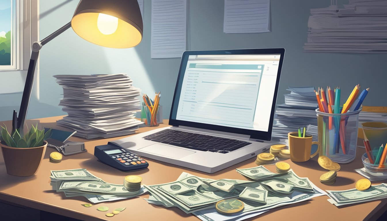 A desk cluttered with papers, a calculator, and a laptop.</p><p>A stack of coins and a dollar bill sit nearby.</p><p>A beam of light shines down on the desk, illuminating the area