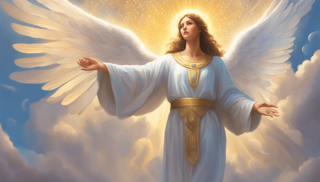 An angelic figure stands surrounded by floating numbers, with a glowing halo above their head.</p><p>The scene exudes a sense of divine wisdom and guidance