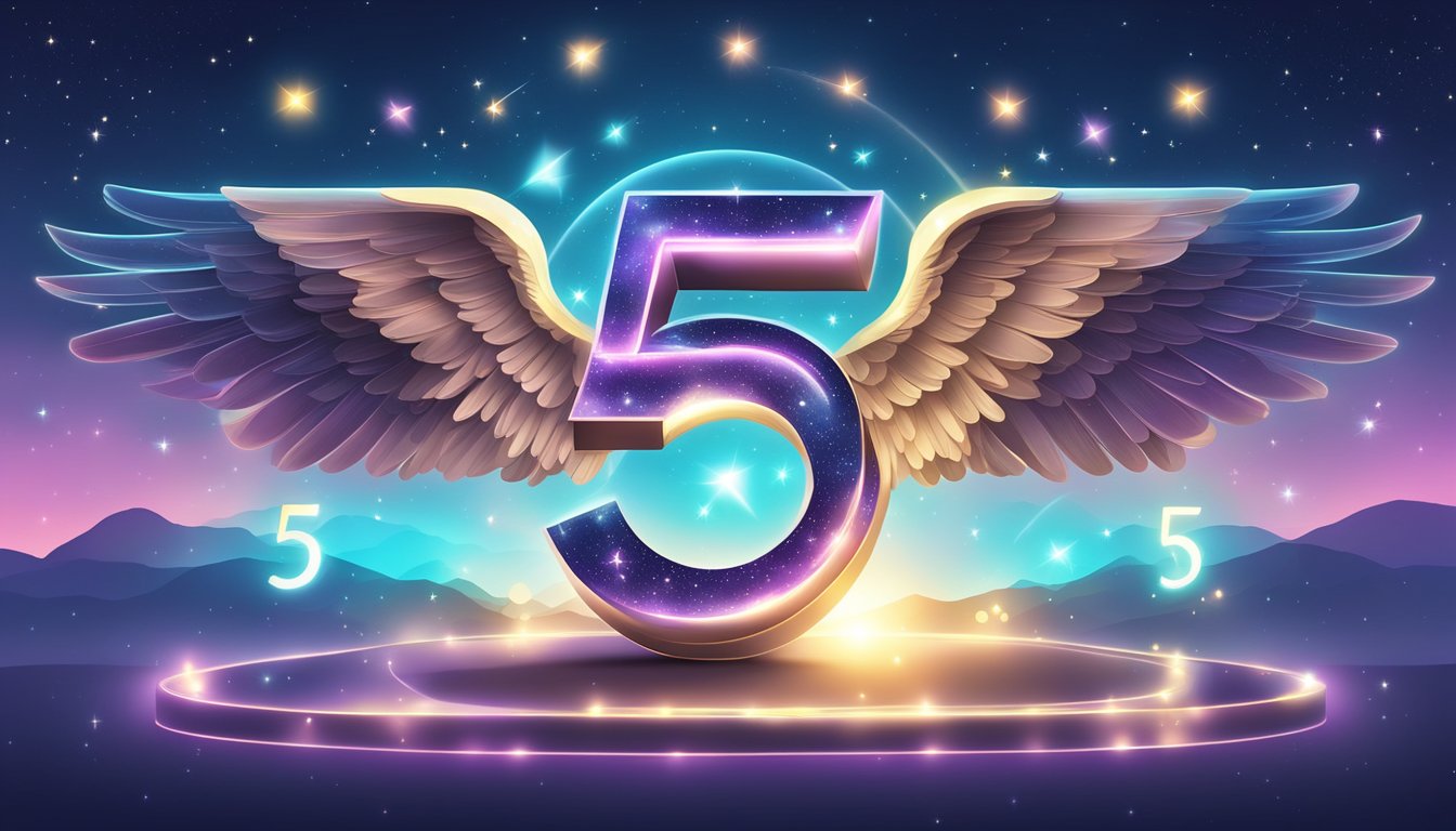 555 Angel Number displayed with celestial symbols and glowing lights