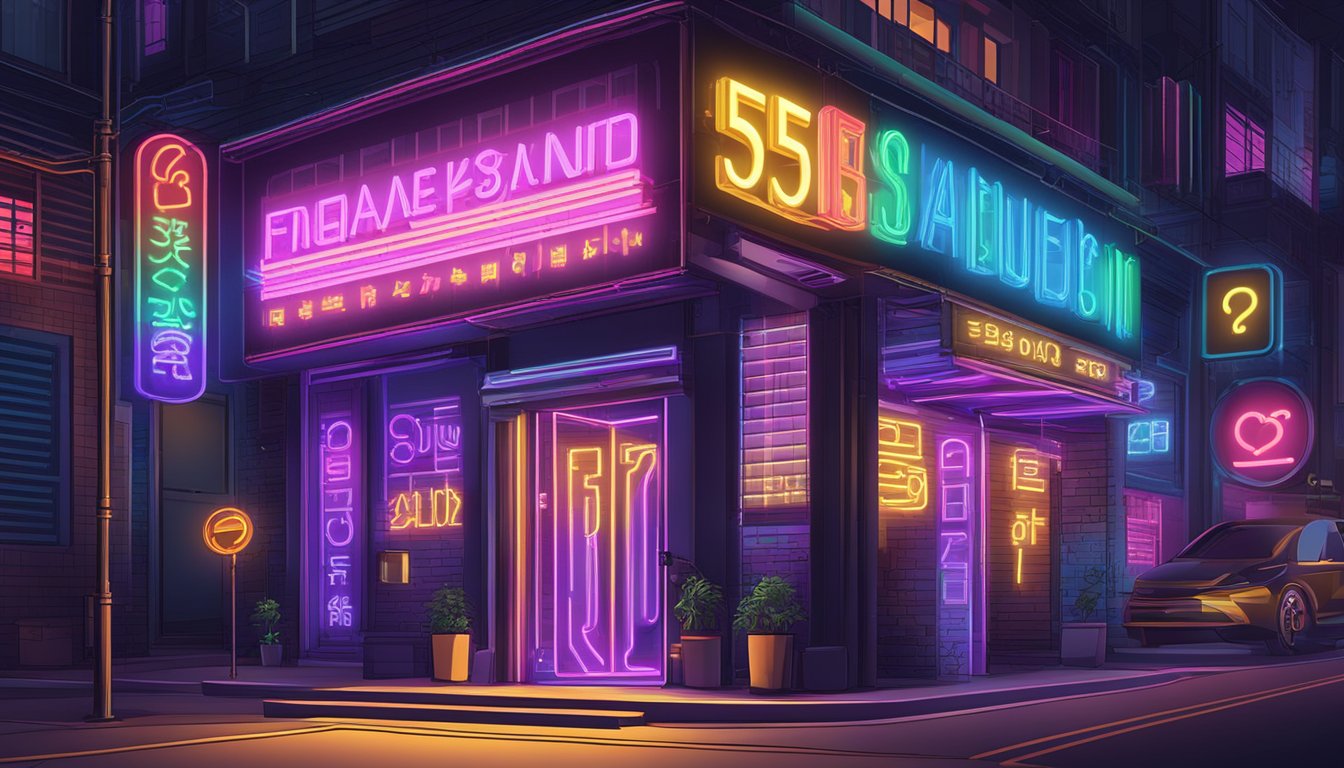 A glowing neon sign with "Frequently Asked Questions 555 엔젤넘버" in bold, colorful letters, set against a dark urban backdrop