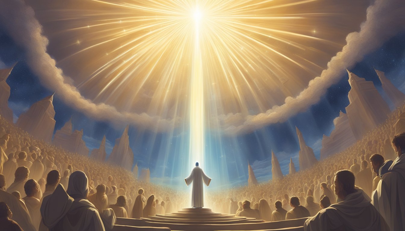A glowing, celestial figure hovers above a crowd, emanating a sense of wisdom and guidance.</p><p>The figure is surrounded by a halo of light, with beams of energy extending outward towards the people below