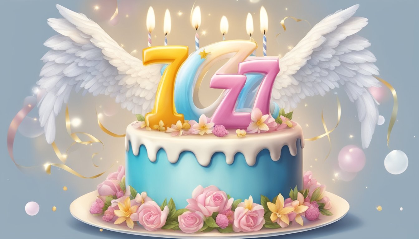 A birthday cake with the number "7" surrounded by angel wings and halos