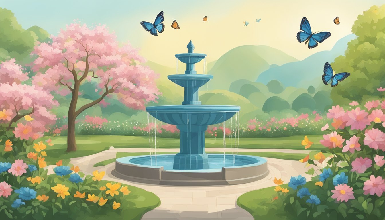 A garden with three blooming trees, three birds flying overhead, and three butterflies fluttering around a fountain.</p><p>The number 333 subtly woven into the scene through patterns and shapes