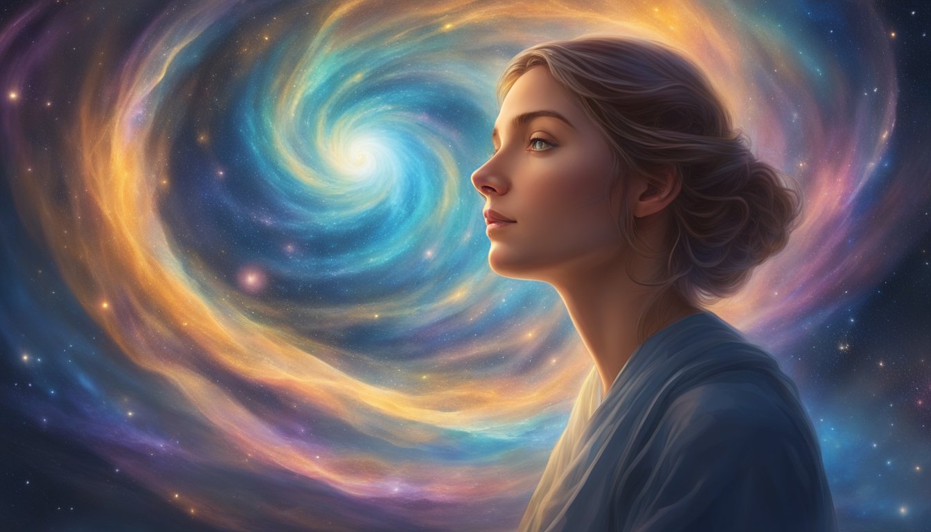 A figure gazes up at swirling galaxies, surrounded by ethereal light, symbolizing connection to the divine and the universe's profound meaning