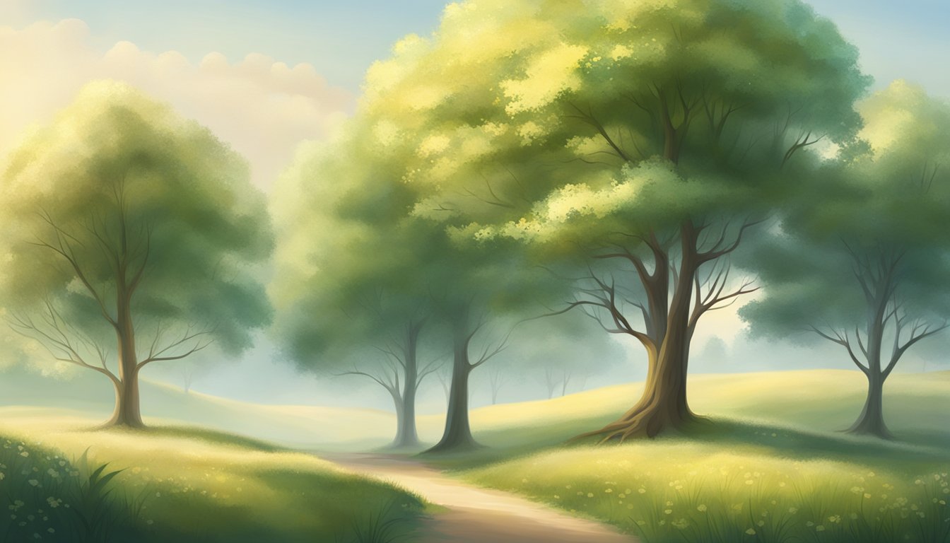 A serene landscape with four trees, each bearing four sets of four leaves, surrounded by a soft glow of light