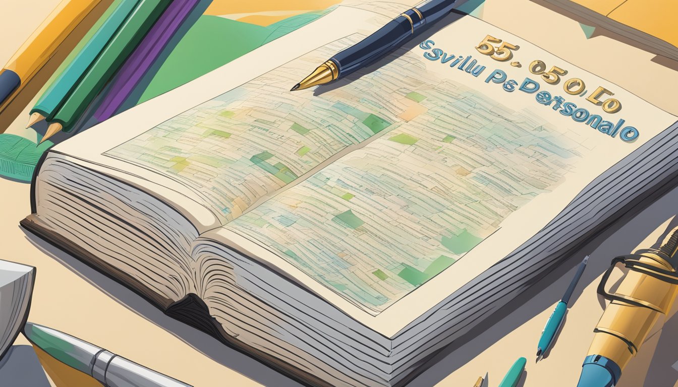 A book with "555 e lo Sviluppo Personale" on a table, surrounded by motivational quotes and a pen