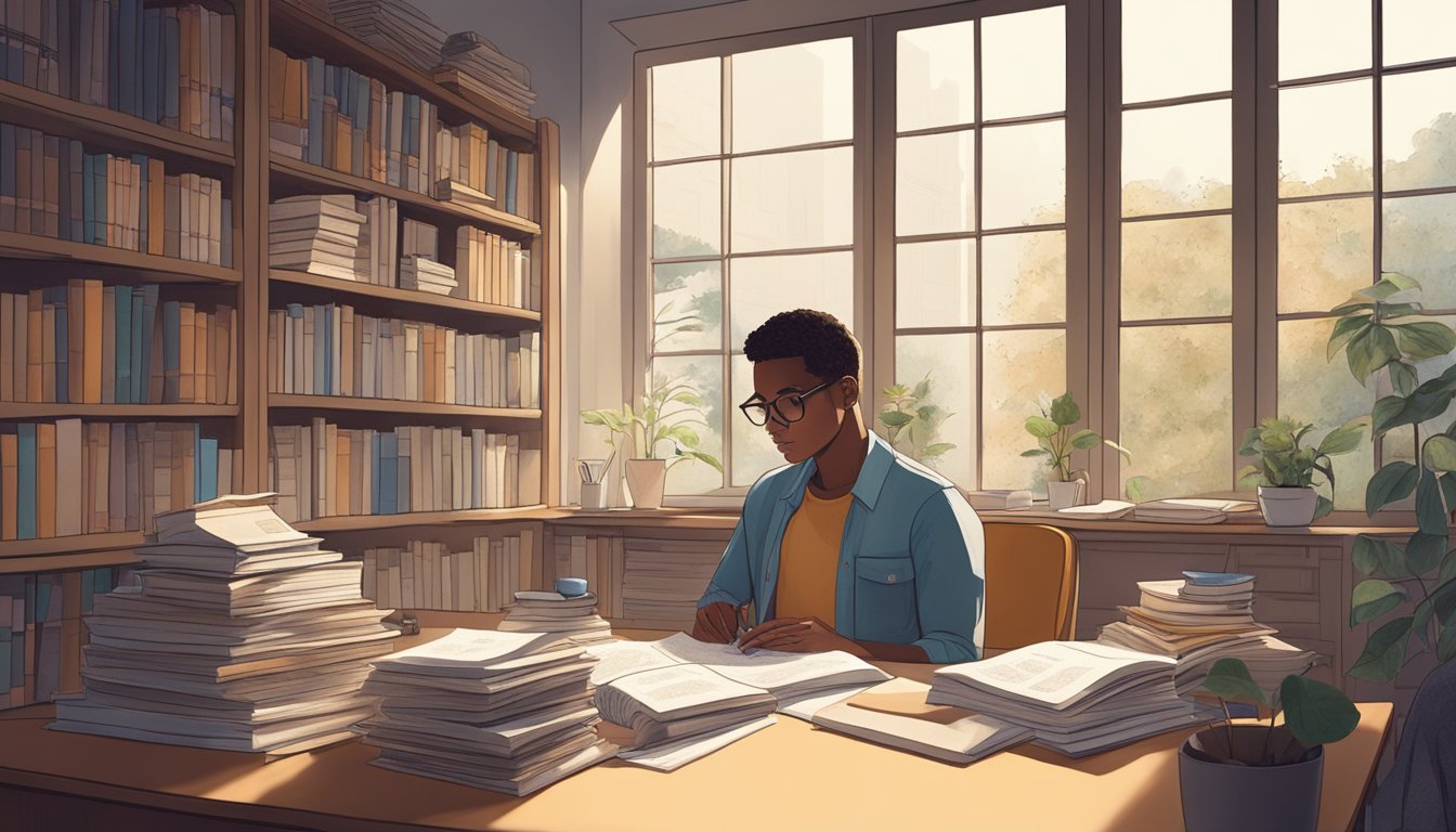A person sitting at a desk, surrounded by books and notes, deep in thought.</p><p>The room is quiet, with soft light filtering in through the window, creating a peaceful atmosphere for reflection and professional growth