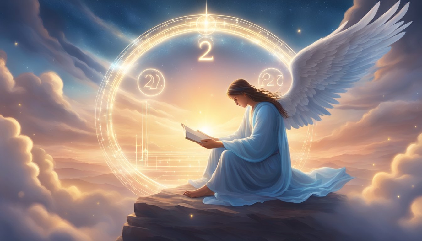 A serene, celestial landscape with a glowing angelic figure surrounded by the numbers 1212, conveying a sense of divine communication and spiritual significance