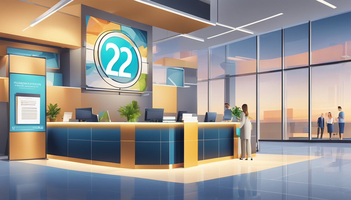 A large, bold "Frequently Asked Questions 2222 significato" sign hangs above a bustling information desk in a modern, bright lobby