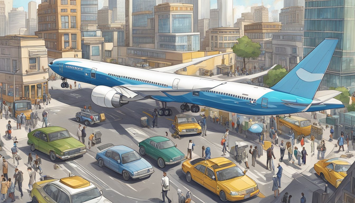 A Boeing 777 lands in a bustling city, surrounded by everyday life - cars, buildings, and people going about their daily routines