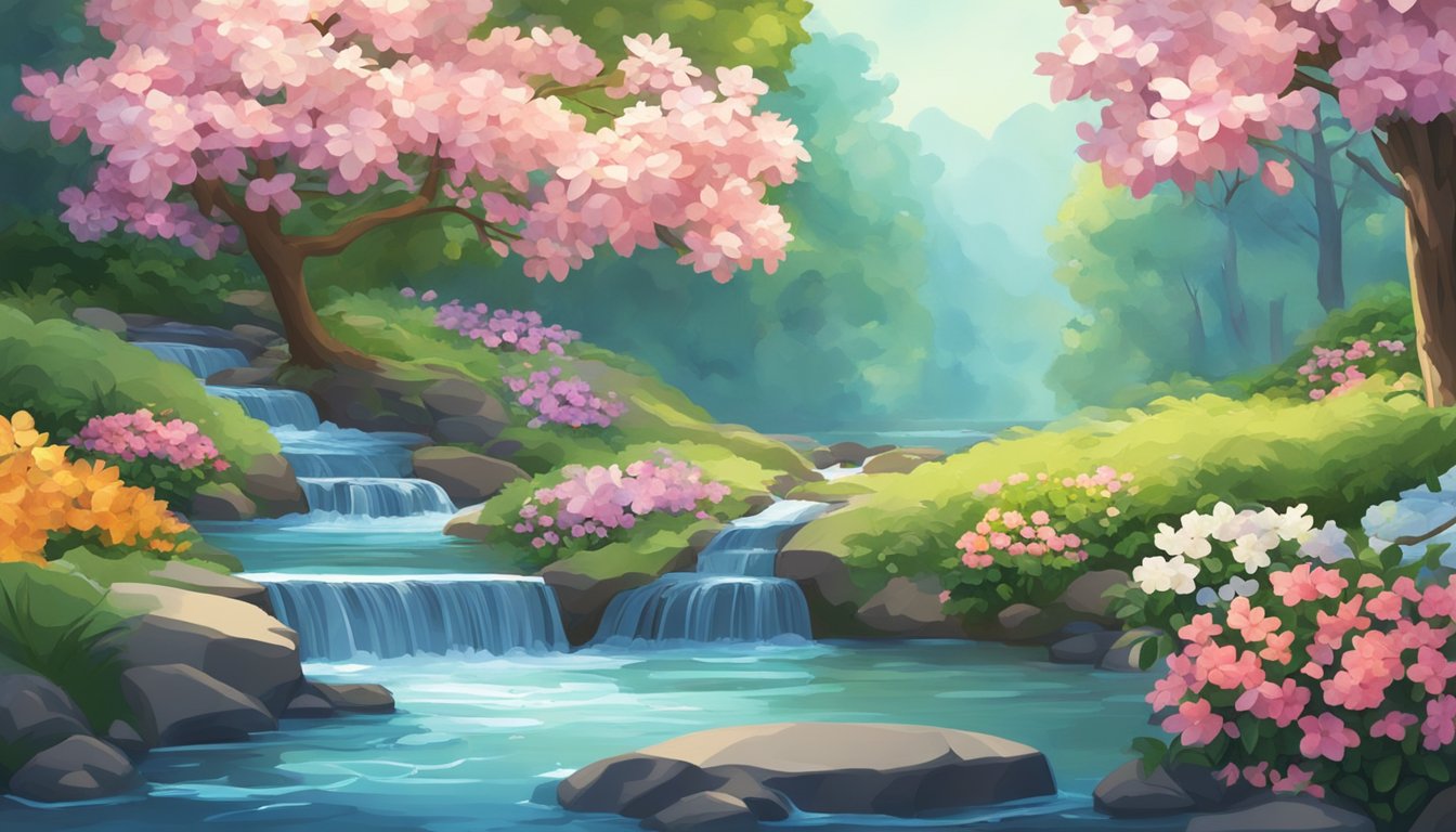 A serene garden with blooming flowers, a flowing stream, and a tree with 777 leaves, evoking a sense of spiritual tranquility