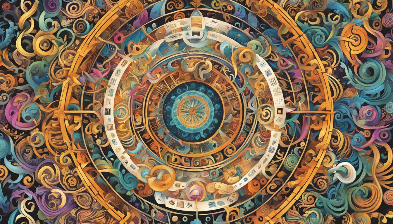 A swirling vortex of symbols from different cultures, all converging towards the number 666.</p><p>The symbols are vibrant and dynamic, creating a sense of mystery and intrigue