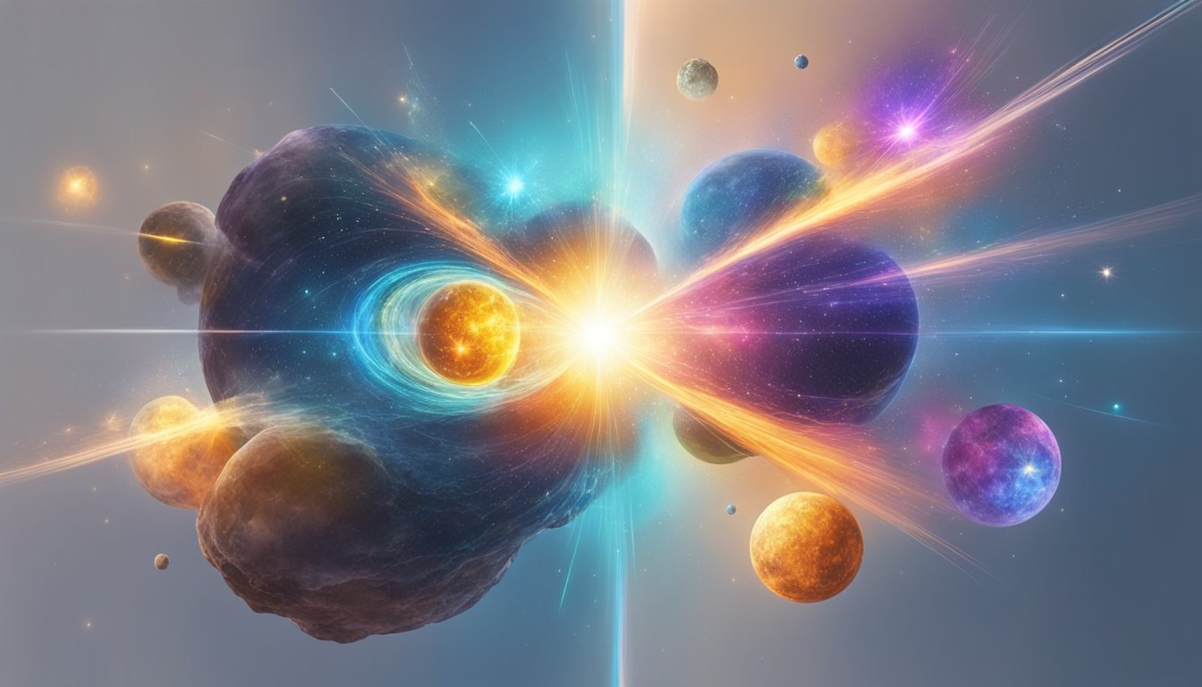 A cosmic collision creates a burst of color and light, symbolizing the interconnectedness of the universe and the significance of synchronicity