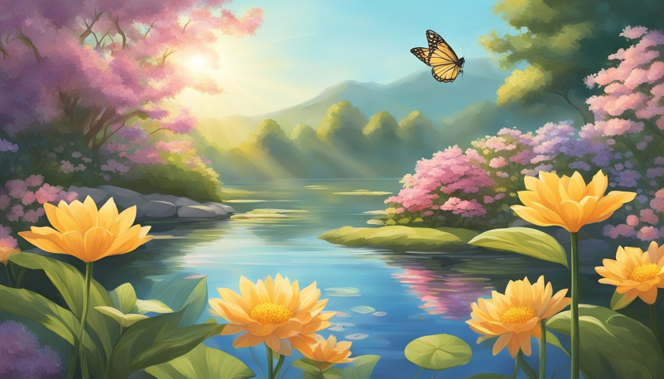 A serene garden with blooming flowers and a radiant sun, casting a warm glow on a peaceful pond.</p><p>A butterfly flutters gracefully, symbolizing spiritual growth and personal enlightenment