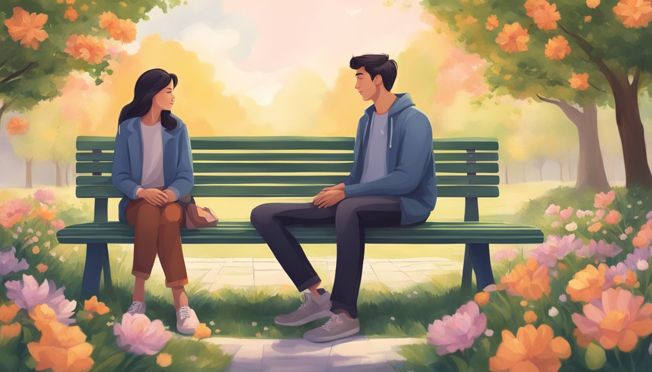 A couple sitting on a park bench, holding hands and gazing into each other's eyes, surrounded by blooming flowers and a serene atmosphere