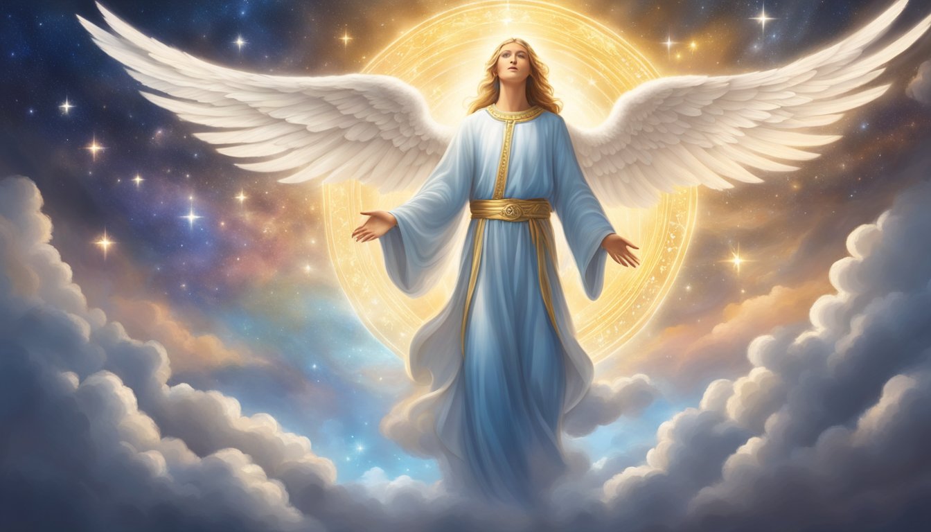 A glowing angelic figure descends from the heavens, surrounded by celestial messages and symbols, conveying a sense of divine guidance and spiritual significance