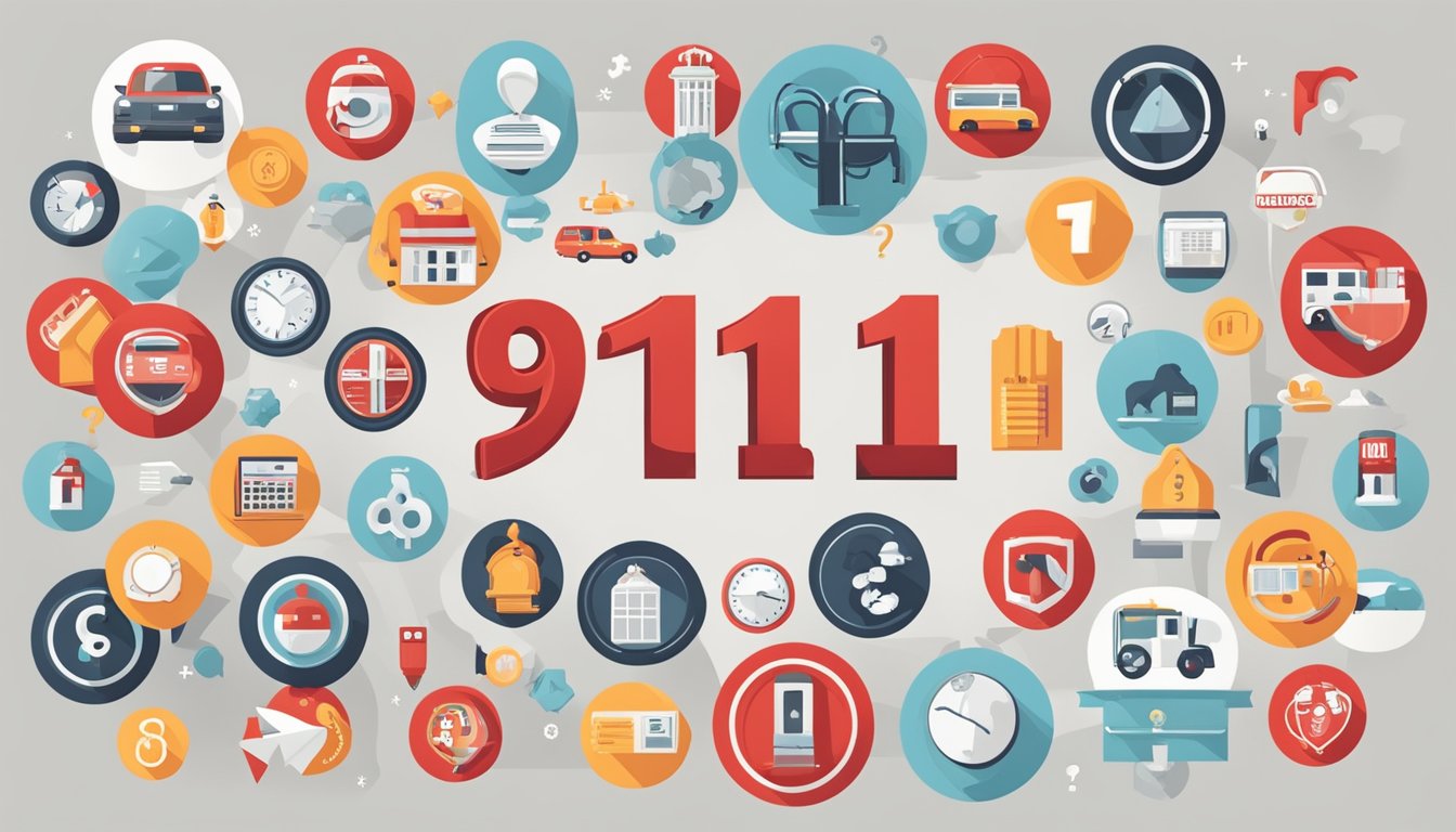 A large red emergency 911 sign with a question mark in the center, surrounded by various symbols and icons representing different types of emergencies