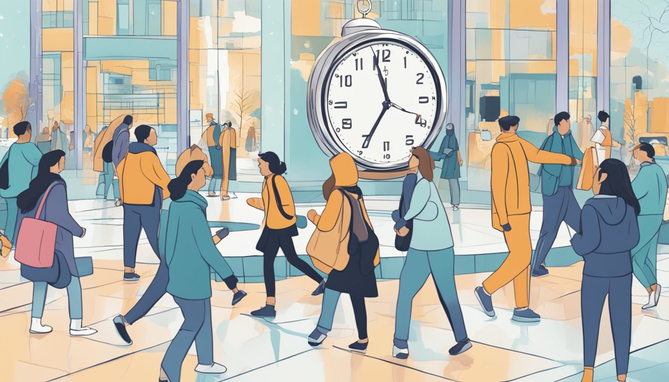 The impact of 313 on daily life: a clock face with hands frozen at 3:13, while people go about their routines in the background