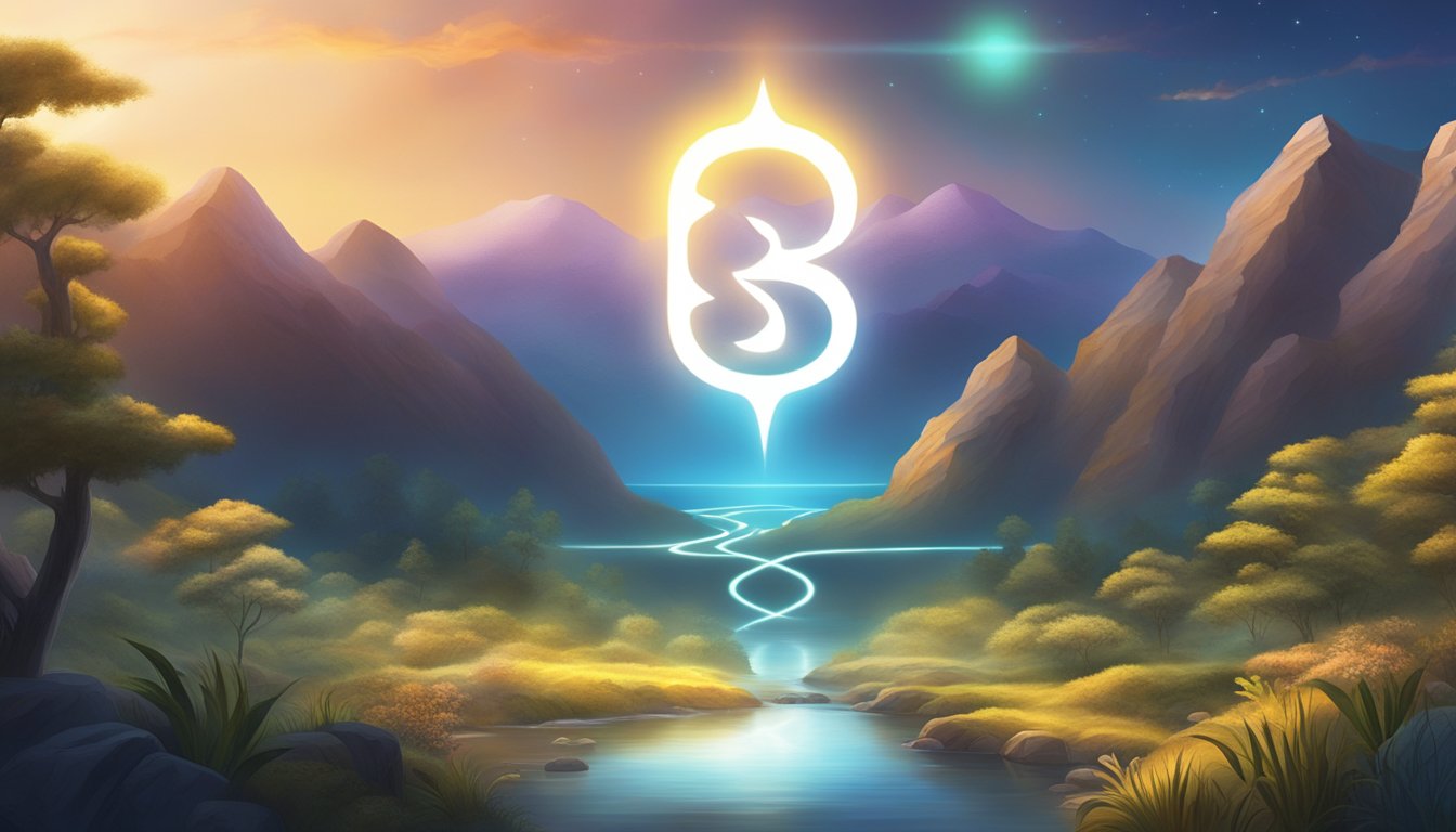 A glowing 808 symbol hovers above a serene, spiritual landscape, radiating a sense of deep meaning and significance