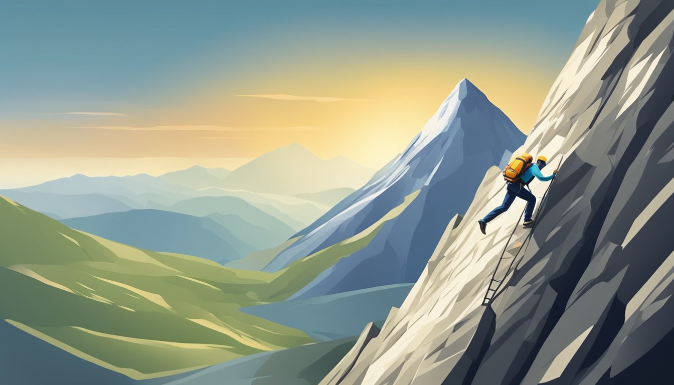A figure climbs a steep mountain, symbolizing challenge and triumph over obstacles