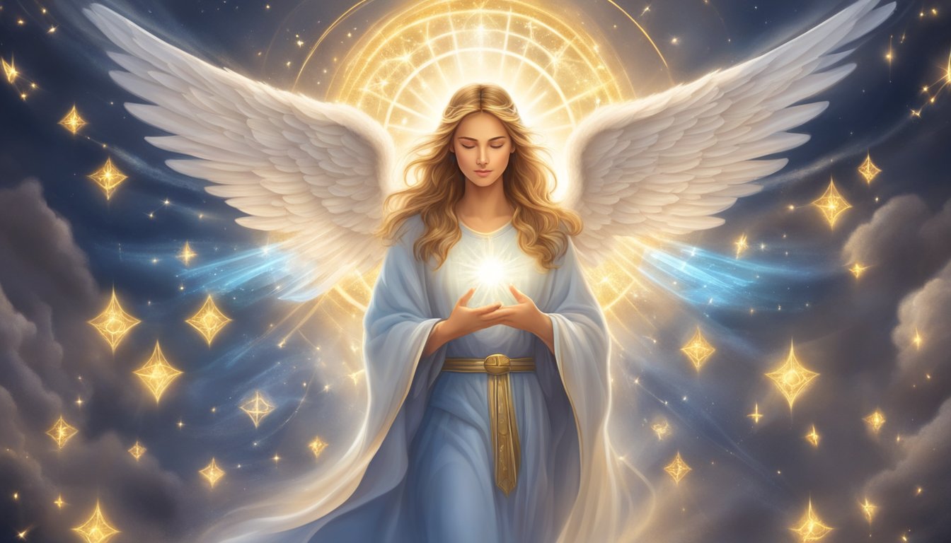 A serene guardian angel surrounded by universal messages in the form of symbols and light, representing protection and guidance