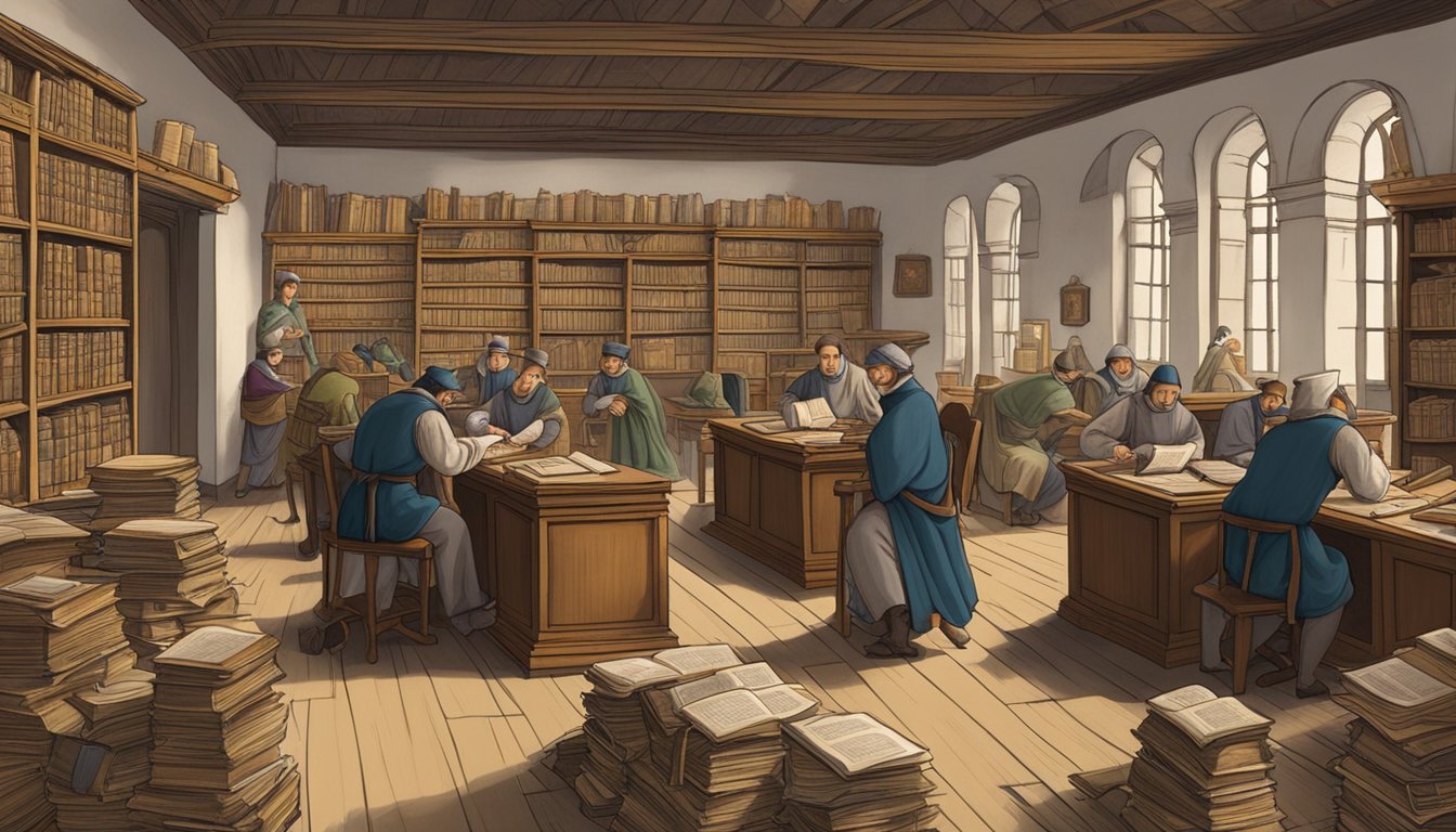 A busy office in 1155, with people working at desks and shelves filled with scrolls and books, depicting the professional life of the time