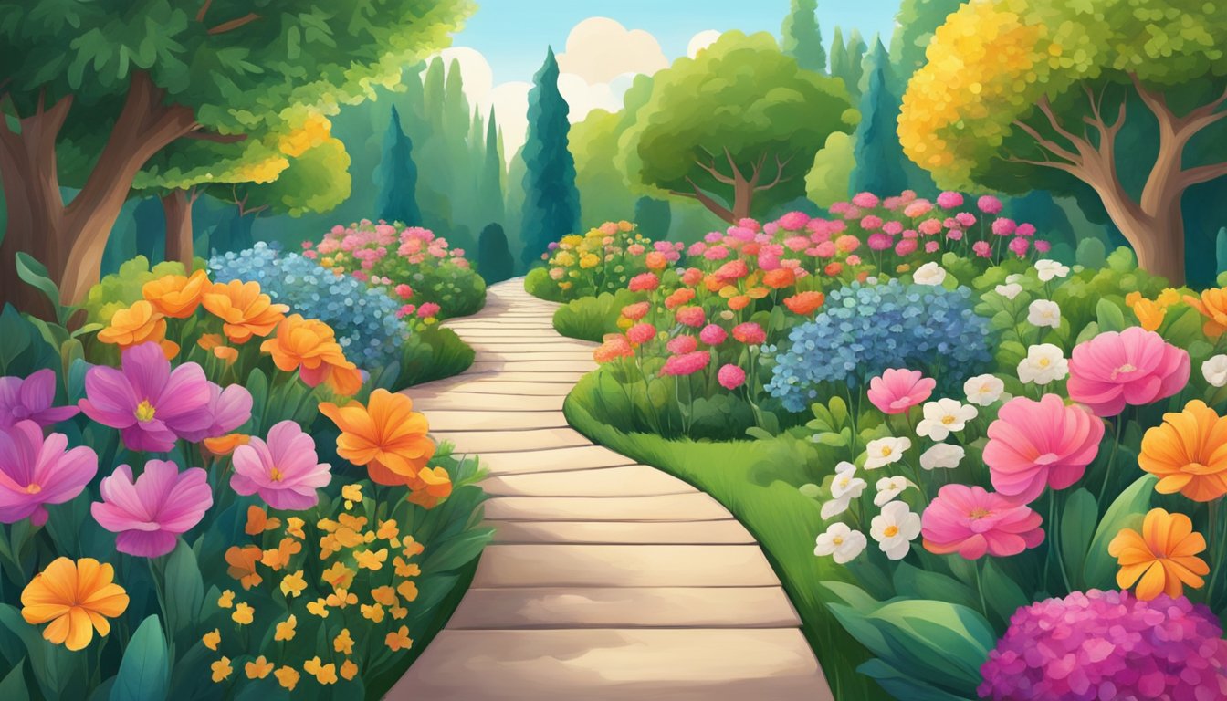 A vibrant garden with blooming flowers and a winding path symbolizing personal growth and self-discovery