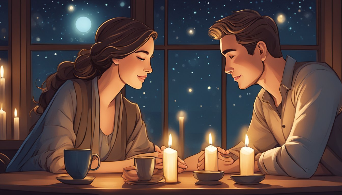 A couple sitting at a candlelit table, holding hands and gazing into each other's eyes with a look of love and connection