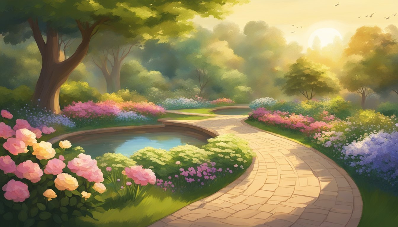 A serene garden with blooming flowers and a winding path leading to a tranquil pond, surrounded by lush greenery and bathed in soft, golden sunlight