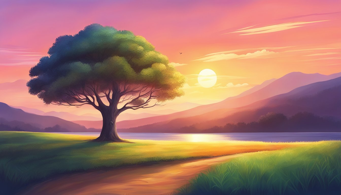 A serene landscape with a solitary tree standing tall against a vibrant sunset, symbolizing the impact on personal life