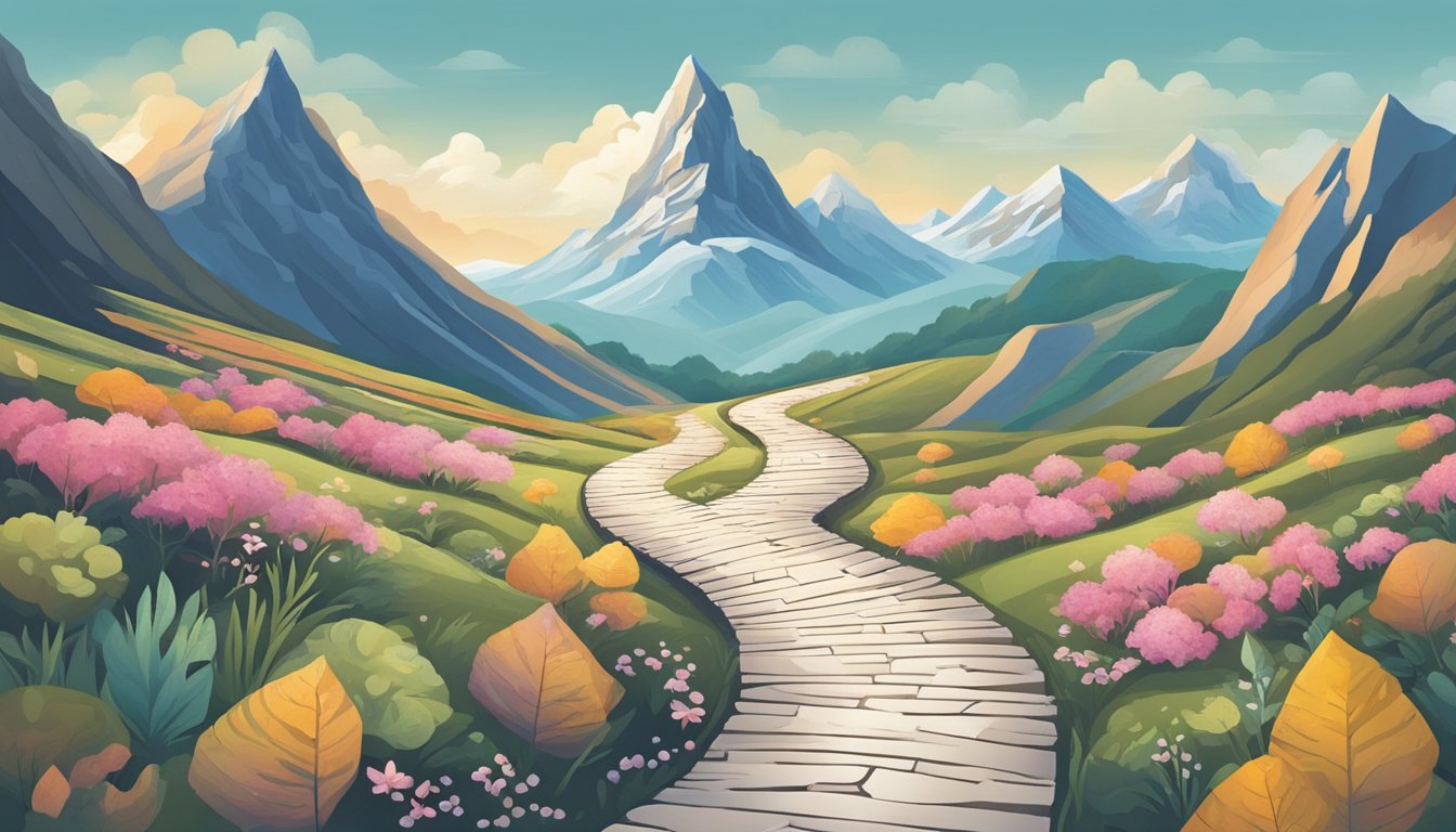A winding path leading to a mountain peak, with symbols of life and personal mission scattered along the way