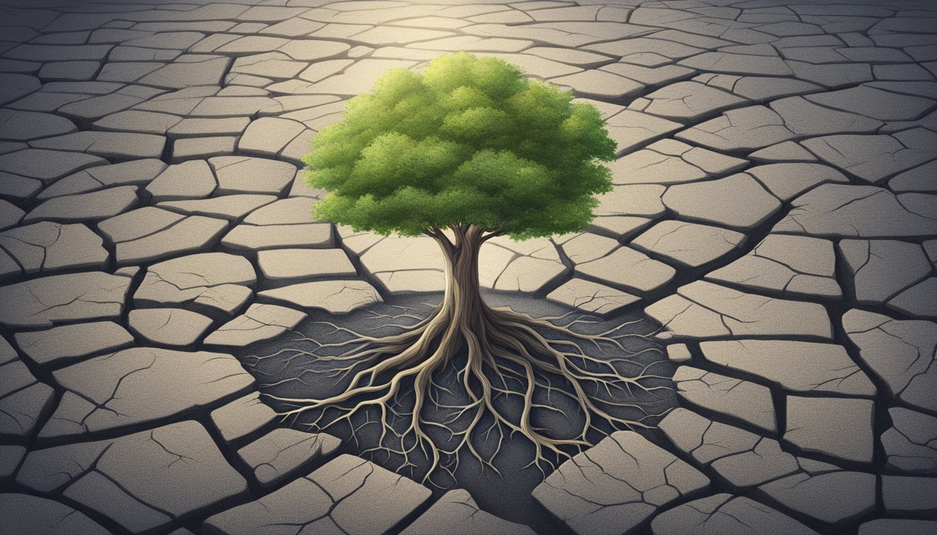 A tree growing from a cracked pavement, symbolizing personal growth and manifestation