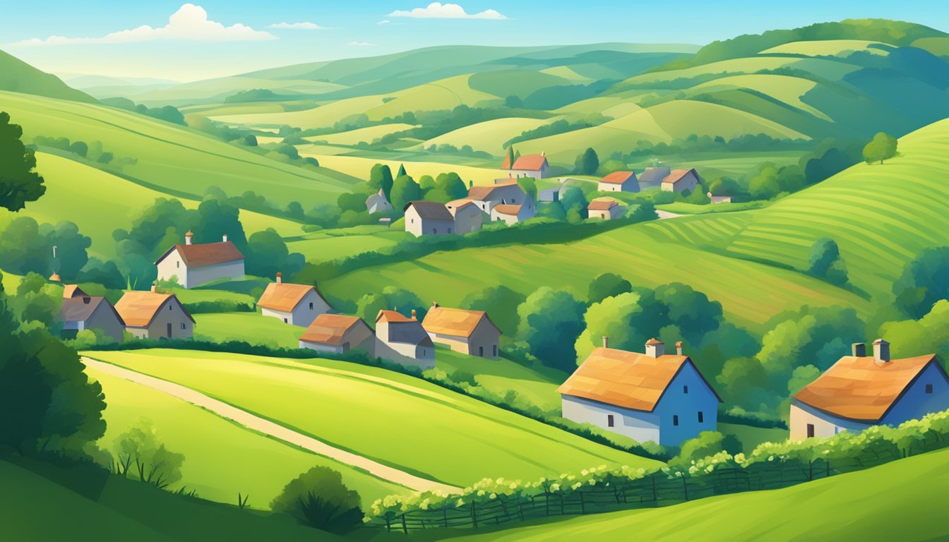 A serene countryside landscape with a small village nestled among rolling hills, surrounded by lush greenery and a clear blue sky