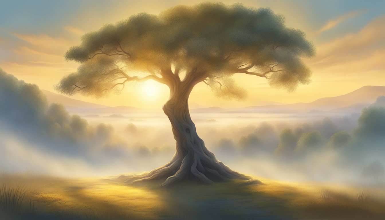 A serene landscape with a solitary ancient tree, surrounded by mist and bathed in golden sunlight, evoking a sense of spiritual tranquility