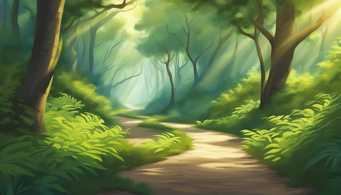 A winding path leads through a lush forest, with sunlight streaming through the canopy.</p><p>A small sapling grows amidst the underbrush, symbolizing growth and development
