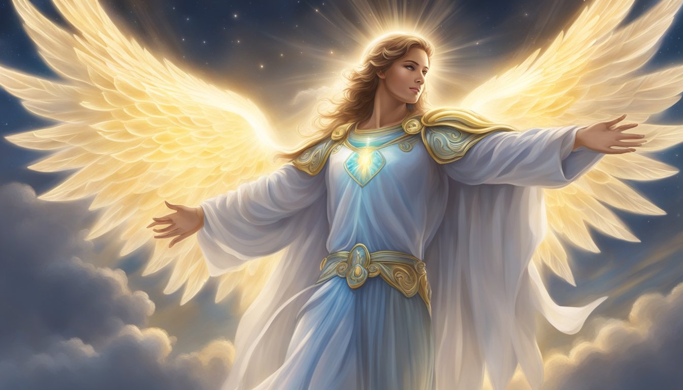 A glowing halo of light surrounds a figure, with angelic wings outstretched and a sense of divine protection emanating from the scene