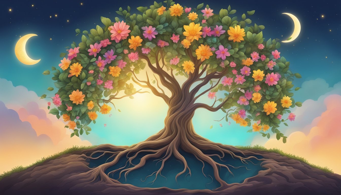 A tree with roots reaching deep into the earth, surrounded by vibrant flowers blooming in a circle, under a shining sun and a crescent moon