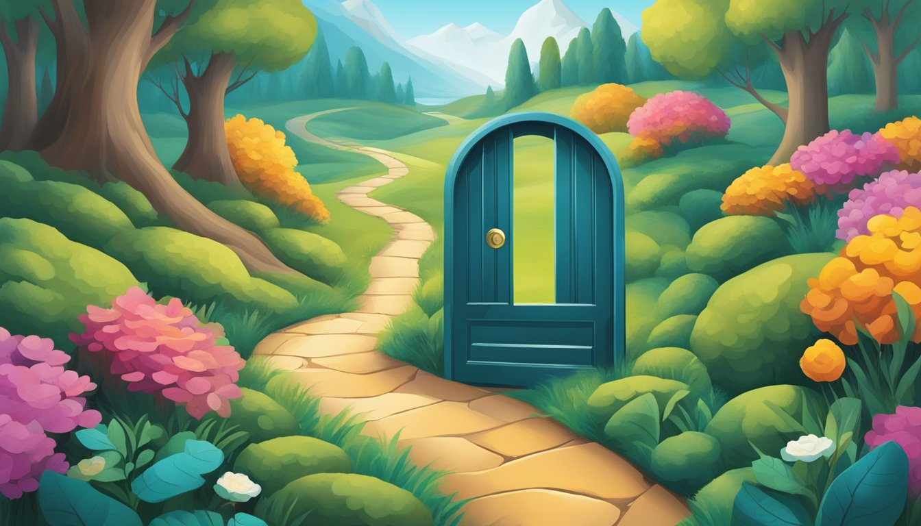 A winding path through vibrant landscapes, leading to a door marked "411." Symbols of growth and change line the way