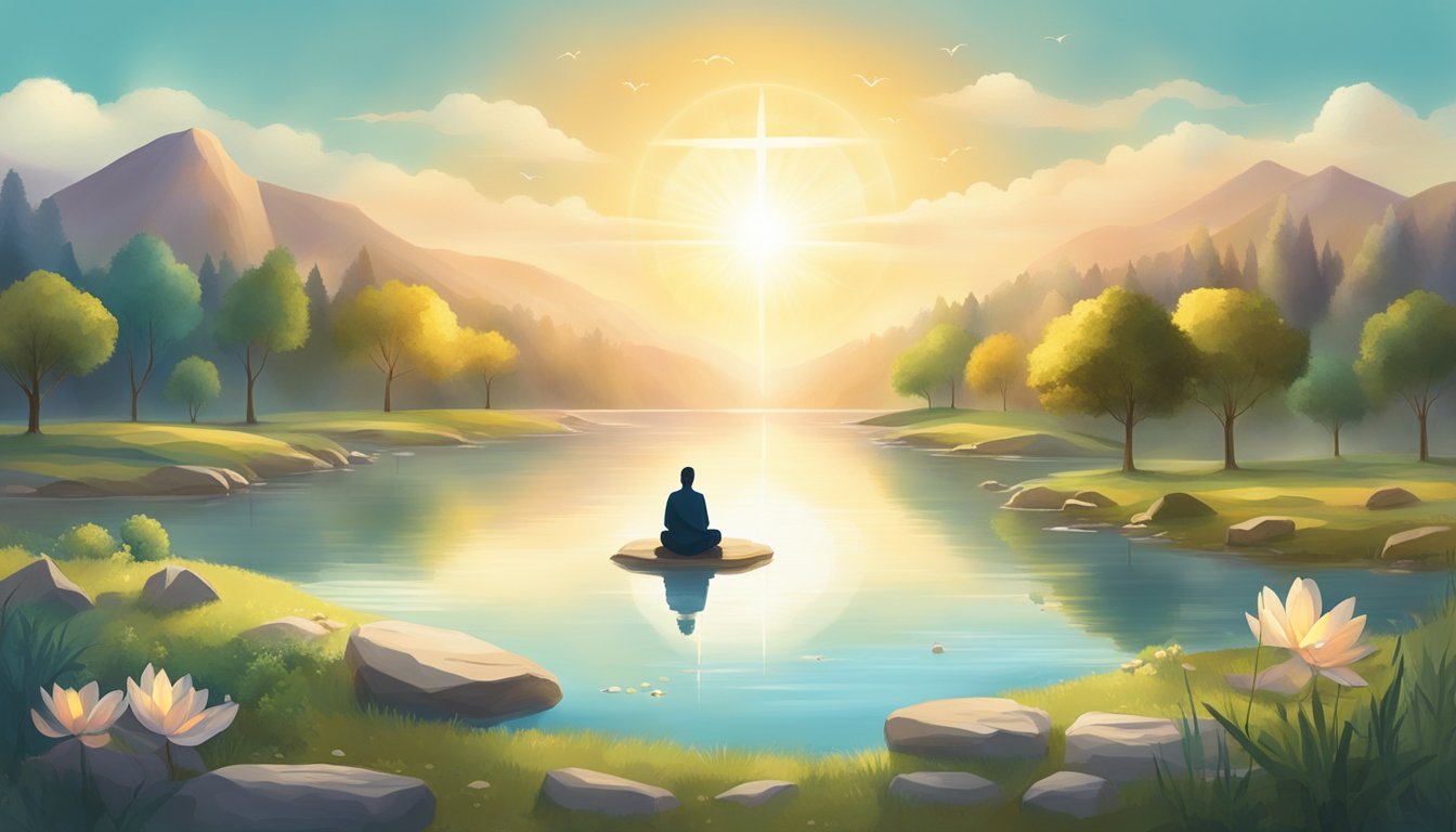 A serene landscape with a glowing sun, a peaceful river, and a group of people in prayer, surrounded by symbols of spirituality