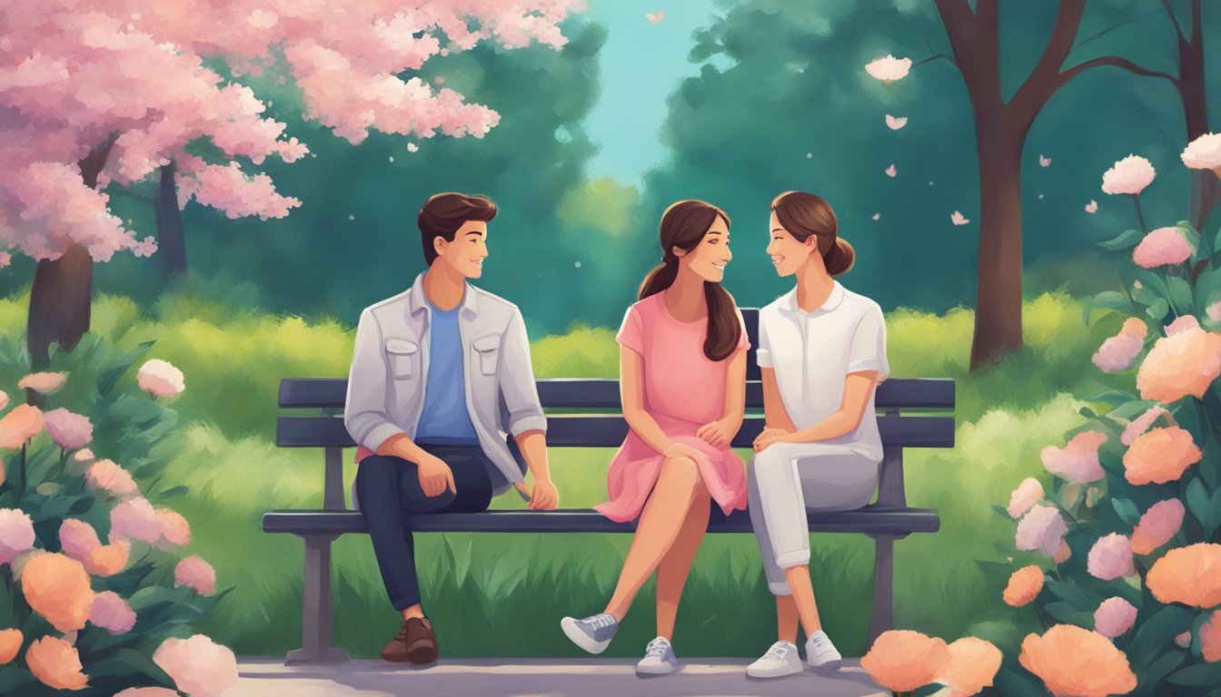 A couple sitting on a park bench, holding hands, surrounded by blooming flowers and a serene atmosphere